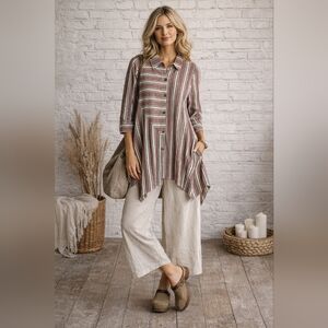 Steven Edwards Lagenlook Striped Tunic Cotton Button Front Asym Hem Boho Artsy